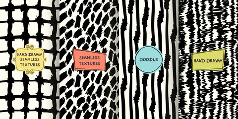 Fototapete - Set of seamless hand drawn texture designs for backgrounds, business cards, web design. Doodle pattern with trendy modern colorful labels. vector illustration 