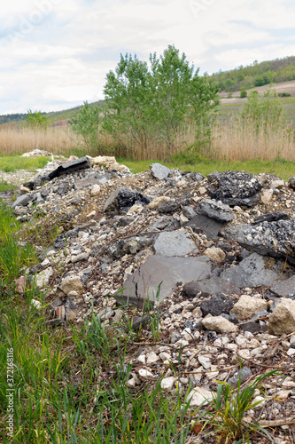 Pile of construction debris and waste near the summer young forest.