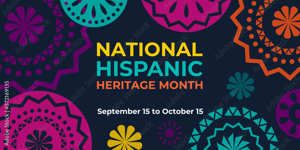 Hispanic heritage month. Vector web banner, poster, card for social media and networks. Greeting with national Hispanic heritage month text, Papel Picado pattern, perforated paper on black background. - obrazy, fototapety, plakaty 