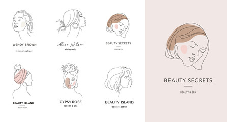 Canvas Print - Vector logo and branding design templates in minimal style, for beauty center, fashion studio, haircut salon and cosmetics - female portrait, beautiful woman's face 