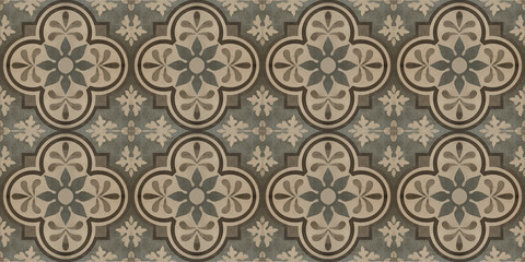 Seamless beige brown gray grey vintage retro geometric square mosaic motif cement tiles with flower leaves print texture background