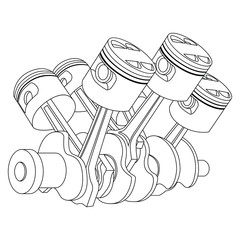 outline drawing of 6 cylinder automobile car machine engine vector illustrations
