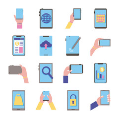 Sticker - bundle of sixteen smartphones devices set icons