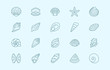 Seashell, oyster, scallop line icons. Vector illustration included icon as nautilus, spiral shell, starfish blue outline pictogram for beach mollusk infographic