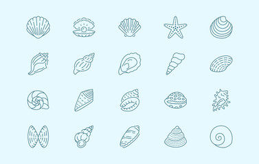 Seashell, oyster, scallop line icons. Vector illustration included icon as nautilus, spiral shell, starfish blue outline pictogram for beach mollusk infographic