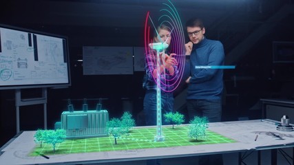 Wall Mural - renewable energy engineers design 3d wind turbine park using augmented reality hologram and smartpho