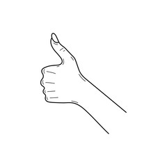 Poster - Hand gesture, thumbs up, line sketch. Hand drawn female white hand with red nails. Sticker, print design vector stock illustration isolated on white background.