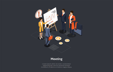 Business And Education Concept. A Group Of Business Partners Join A Training. Female Speaker Presenting Statistics And Facts Served As The Content For Infographics. 3d Isometric Vector Illustration