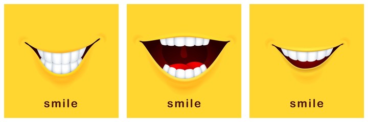 Poster - Smile day cards. Happy smiles, positive mood. Yellow laughter banners, funny smiling design. Success thinking or greetings mouth templates vector symbols. Happy smile joy card, fun banner illustration