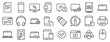 © blankstock - Laptop, Tablet PC and Smartphone icons. Mobile device line icons. HDD, SSD and Flash drive. Headphones, Printer and tablet device. Mouse, ssd disk, mobile laptop. Memory hdd drive. Vector