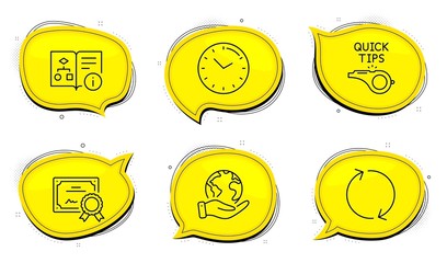Poster - time sign. diploma certificate, save planet chat bubbles. technical algorithm, tutorials and refresh