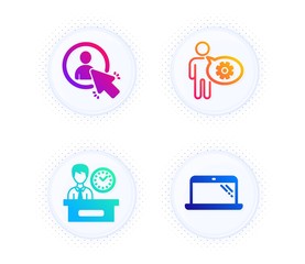 Poster - User, Presentation time and Cogwheel icons simple set. Button with halftone dots. Laptop sign. Project manager, Report, Engineering tool. Computer. Technology set. Gradient flat user icon. Vector