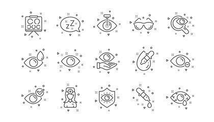 Medical laser surgery, glasses and eyedropper. Optometry, Eye doctor line icons. Pink eye, Cataract surgery and allergy icons. Optician board, oculist chart. Linear set. Geometric elements. Vector