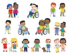 Cute Multi Ethnic Smiling Children With Disabilities Set, Flat Vector Illustration For Web, Clip Art Design Elements Isolated On White, Blind Person With Guide Dog, Girl In Wheel Chair Boy With Crutch