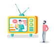 Mass media broadcasting, tv set and person watching show vector. Potential customer, male host promoting product and smiling, television influence people