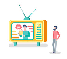 Mass Media Broadcasting, Tv Set And Person Watching Show Vector. Potential Customer, Male Host Promoting Product And Smiling, Television Influence People
