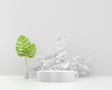 White Platform Podium With Splash Water And Green Plant, Template For Advertising Product, 3d Rendering.