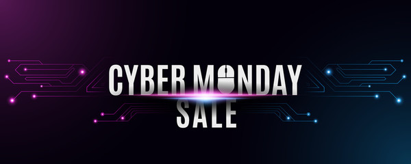 Poster - Cyber monday sale banner. Futuristic high tech background from a circuit motherboard. Computer mouse and text. Neon blue and purple connecting lines with lights. Vector illustration.