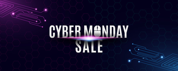 Poster - Cyber monday sale banner. High tech background from a circuit motherboard. Computer mouse and text. Neon blue and purple connecting lines with lights and honeycomb pattern. Vector illustration.