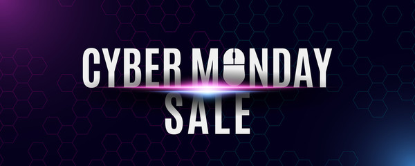 Poster - Cyber monday sale banner. High tech background from a honeycomb pattern. Special store offer. Computer mouse and text. Purple and blue lights. Vector illustration.