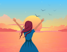Sea Vocation Sunset . Beautiful Cartoon Girl On Background Of Orange Sea Raises Her Hands Up Welcoming Pink Sun Disk On Blue Vector Sky With Stars.