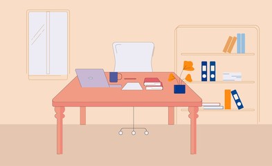 Poster - Workplace in business office. Comfortable chair at table with laptop and documents large bright window with shelving typical day for an office manager in cozy vector office.