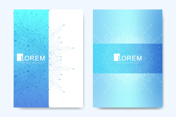 Aufkleber - Modern vector template for brochure, leaflet, flyer, advert, cover, catalog, magazine or annual report. Business, science, medical design. Scientific cybernetic dots. Lines plexus. Card surface.