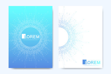 Aufkleber - Modern vector template for brochure, leaflet, flyer, advert, cover, catalog, magazine or annual report. Business, science, medical design. Scientific cybernetic dots. Lines plexus. Card surface.