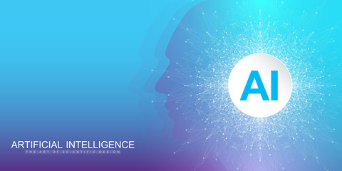 Poster - Artificial Intelligence and Machine Learning Vector Concept in Neural Network. AI Web Banner Design with Human Face. Wave Flow Communication. Digital Network for Artificial Intelligence Deep Learning.