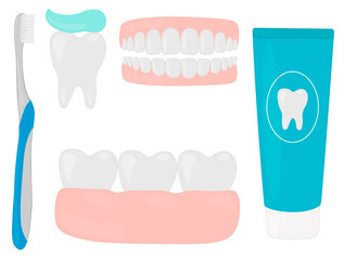 Wall Mural - Oral cavity treatment brushing teeth toothpaste toothbrush dental floss vector illustration