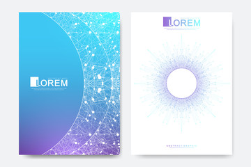 Aufkleber - Modern vector template for brochure, leaflet, flyer, advert, cover, catalog, magazine or annual report. Business, science, medical design. Scientific cybernetic dots. Lines plexus. Card surface.