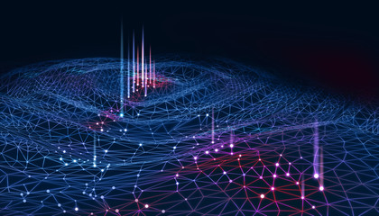 Poster - abstract blue and red network or mesh with lights. big data technology. 3d render / rendering.