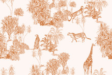 Safari Wildlife Cheetah, Giraffe In Exotic African Plants Engraving Doodle Drawing, Tropical Wallpaper Mural Toile Seamless Pattern