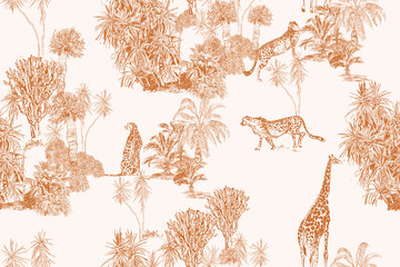 safari wildlife cheetah, giraffe in exotic african plants engraving doodle drawing, tropical wallpap
