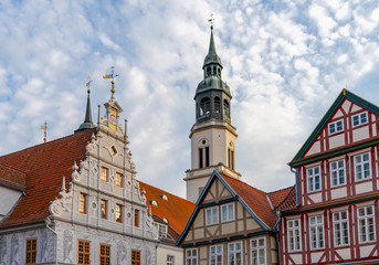 Sticker - view of the old city hall building and St. Marien church in Celle in Lower Saxony