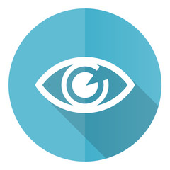 Poster - Eye vector icon, flat design blue round web button isolated on white background