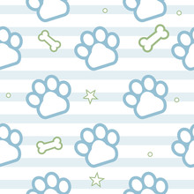 Cat And Dog Paws Footprints. Seamless Pattern For Pet Related Print Designs. Animal Track Icons. Cat Paw Steps And Bones In Blue And Green Pastel Colors.