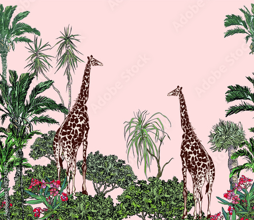 Dekoracja na wymiar  zwierzeta-zyrafa-w-palmy-recznie-rysowane-ilustracja-rosliny-tropikalne-kwiaty-oleander-bezszwowe-obramowanie-krajobraz-widok-na-rozowym-tle-zachod-slonca-tapety-scienne