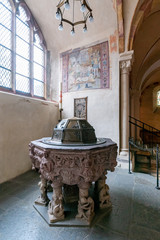 Poster - interior view of the historic Limburg cathedral with a view of the baptismal