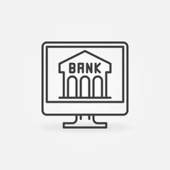 Poster - Online Banking linear concept icon. Bank Building on Computer Display vector symbol
