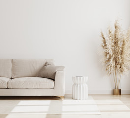 Wall Mural - empty white wall in modern living room interior background in biege colours, living room interior mo