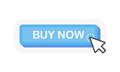 Aufkleber - BUY NOW blue 3D button with mouse pointer clicking. White background. Vector illustration.
