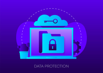 Poster - Data protection concept on dark gradient background. Laptop with envelope, open email and message on screen. Vector illustration.