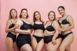 © master1305 - Loves herself and feels good. Portrait of beautiful young women with different shapes posing on pink background. Happy female models. Concept of body positive, beauty, fashion, style, feminism