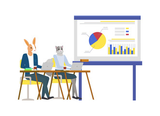 Poster - whiteboard with charts and information vector, hipster animals wearing business suits thinking on co