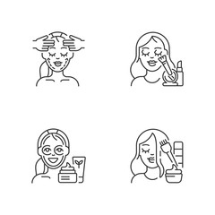 Sticker - Women beauty procedures linear icons set. Facial exercises. Skincare routine products. Face cosmetics. Makeup. Face yoga. Customizable thin line contour symbols. Isolated vector outline illustrations