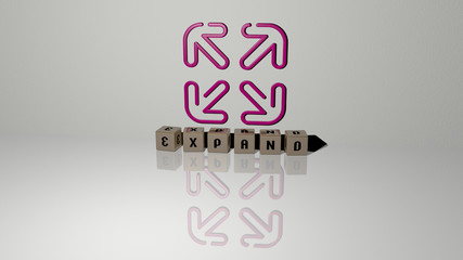 expand text of cubic dice letters on the floor and 3D icon on the wall, 3D illustration for background and business