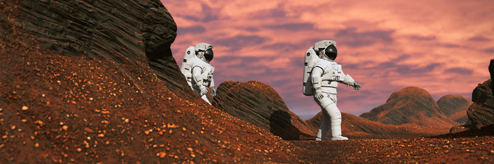 Wall Mural - astronauts on mars, space travelers exploring the landscape on the red planet