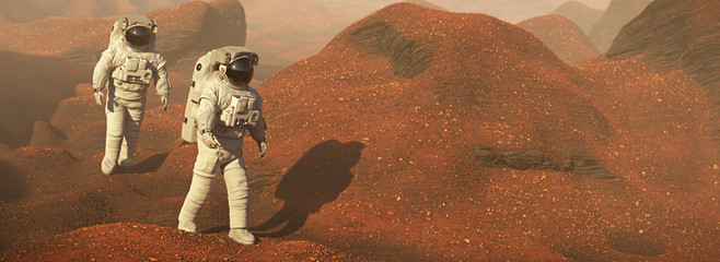 Wall Mural - astronauts on mars, space travelers exploring the landscape on the red planet