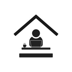 Poster - Remote work from home office flat vector icon. Black editable symbol of man sitting at the desk with a computer workstation at his own workspace in coworking or home. Internet job concept V5